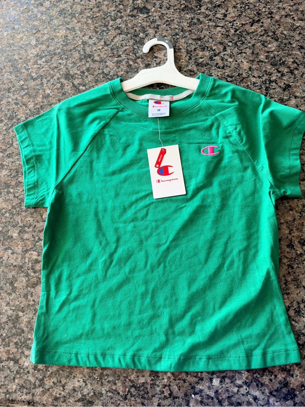 Champion Green Crop Tee with Pink Logo size medium